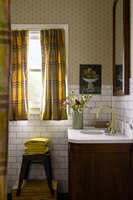 GreenRow Plaid Curtains in a Bathroom of the GreenRow Lake House at the Inn At Serenbe (Photo: GreenRow)