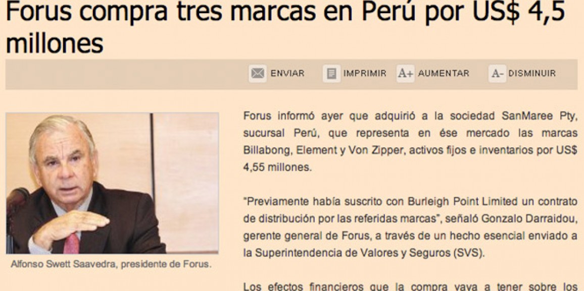 Forus buys three brands in Perú for US$4,5 millions