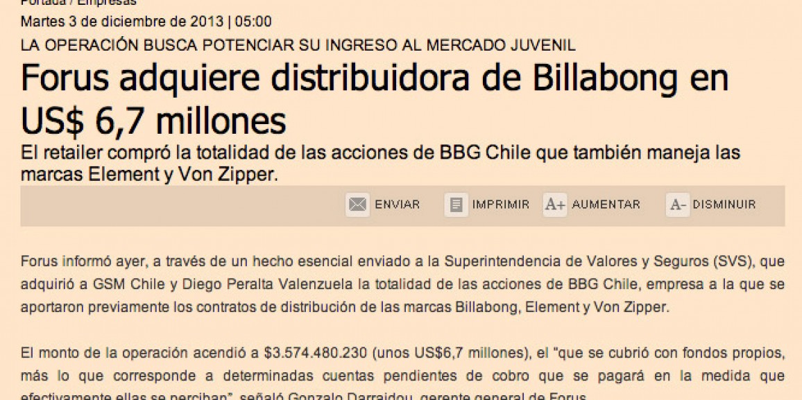 Forus adquiere distribuidora de Billabong en US$ 6,7 millones