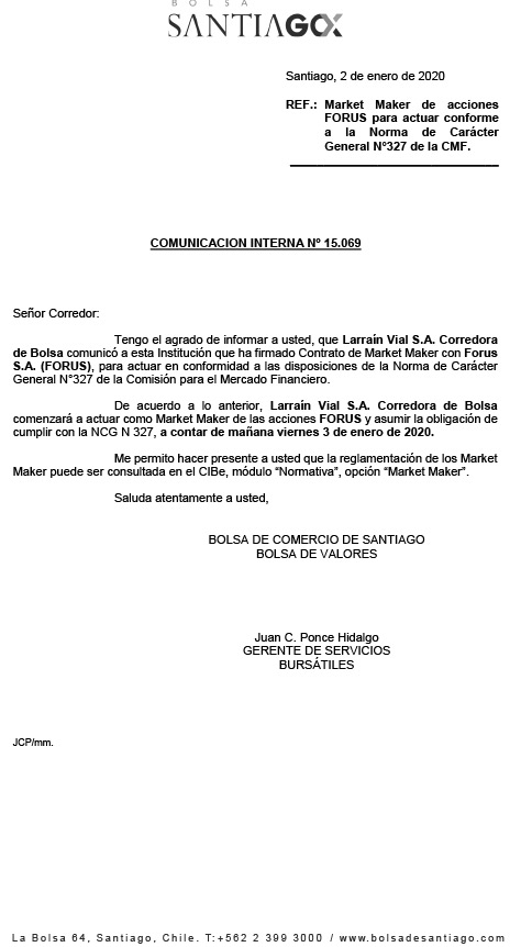 Bolsa de Santiago comunicado Market Maker
