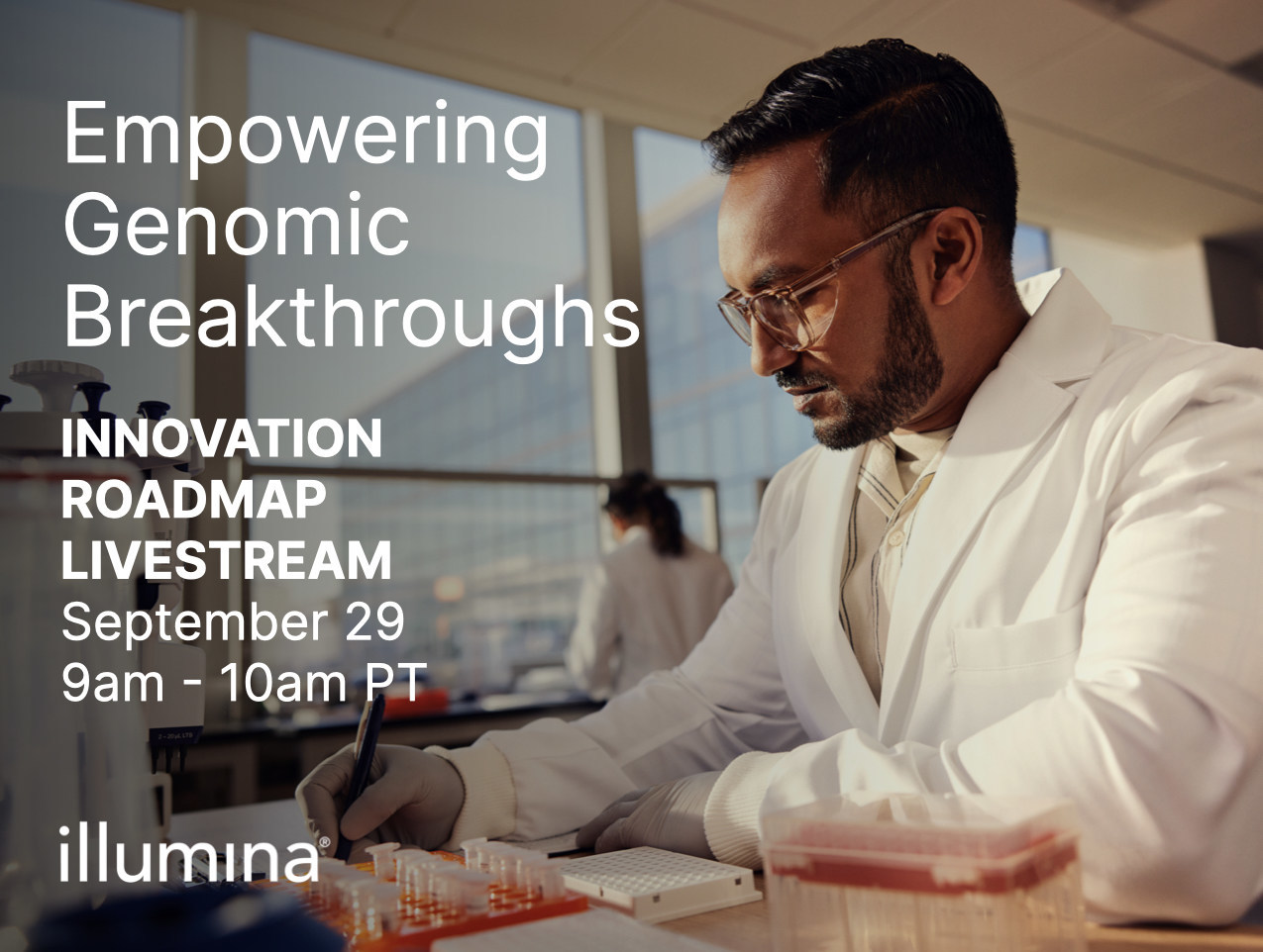 man writing at desk with text Empowering Genomic Breakthroughs Innovation Roadmap livestream september 29 9am-10am PT